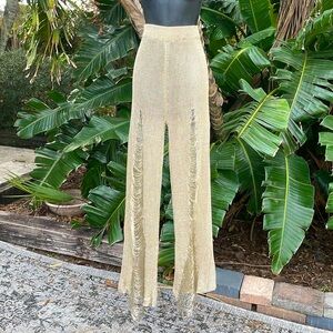 wow, couture chain mail, crochet, metallic champagne, distressed pants